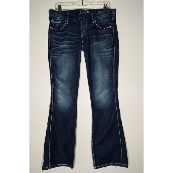 Silver Jeans Women's 29x31 Twisted Boot Cut Flare Leg Dark Wash Blue Low Rise - Picture 1 of 8